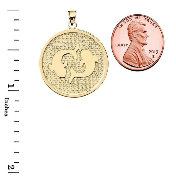 10K Solid Gold Pisces Zodiac Sign Disc Round Pendant Necklace 16" 18" 20" 22"