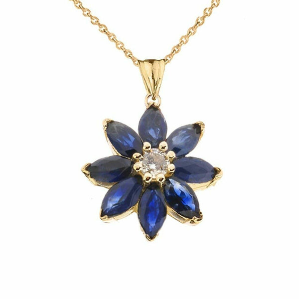 Solid 14k Yellow Gold Genuine Sapphire and Diamond Daisy Pendant Necklace