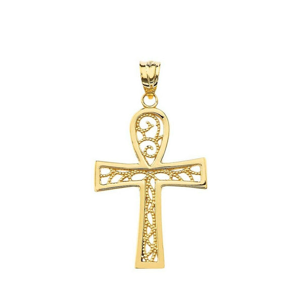 14k Solid Gold Filigree Ankh Cross Pendant Necklace