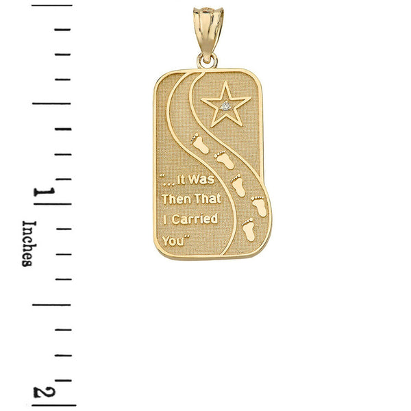 14K Solid Yellow Gold Diamond Footprints in the Sand Poem Pendant Necklace