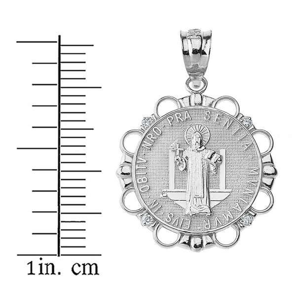 Fine Sterling Silver Saint Benito CZ Round Pendant Necklace Made in USA