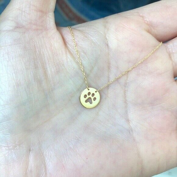 14K Solid Gold Mini Disk Disc Paw Print Dainty Necklace - Minimalist 16"-18"