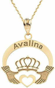 Personalized Name 10k 14k Solid Gold Open Heart Claddagh Pendant Necklace