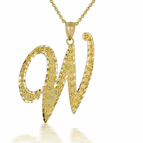 10k Solid Yellow Gold Cursive Initial Letter W Pendant Necklace