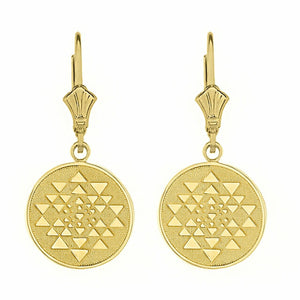 10k Solid Yellow Gold Yantra Tantric Indian Yoga Disc Circle Earring Set