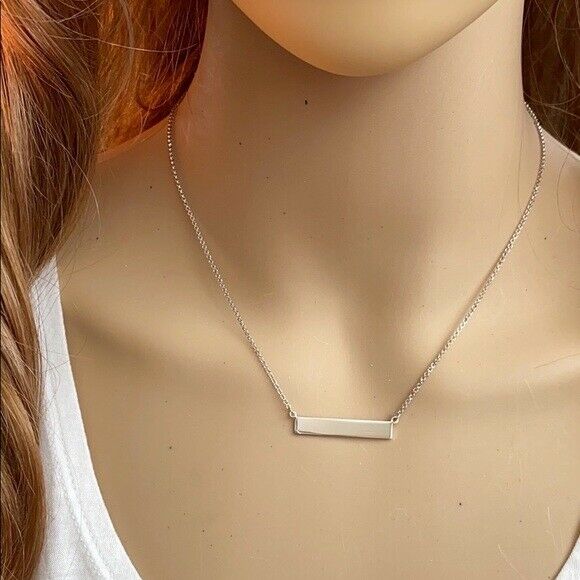 Sterling Silver White Gold Plated Horizontal Bar Geometric Necklace Minimalist