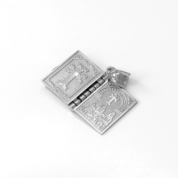 Sterling Silver 3D Armenian Holy Bible Book with Lords Prayer Pendant Necklace