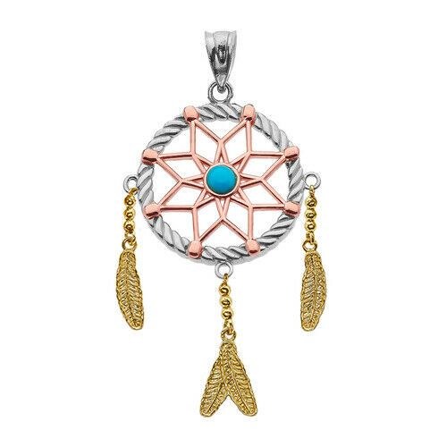 10k Tri-color tone Gold Turquoise Flower Dream Catcher Pendant Necklace