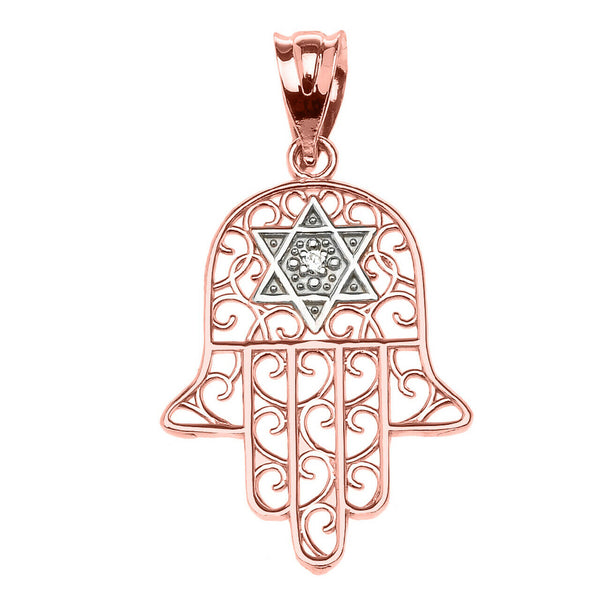 14k Solid Rose Gold Hamsa Hand With Diamond Star Of David Pendant Necklace