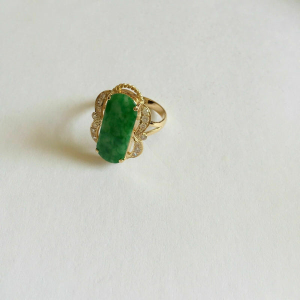 14K Solid Real Yellow Gold Rectangle Green Jade CZ Ring Size 6.75