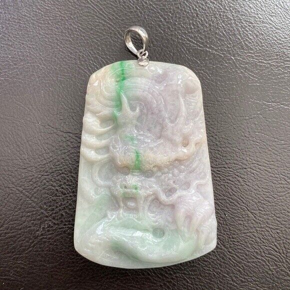 925 Sterling Silver Carving Jade Dragon Large Pendant Necklace Heavy