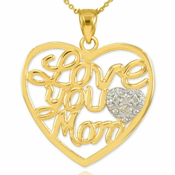 14K Gold Diamond Pave Heart " Love You Mom " Pendant Necklace Mother's Day Gifts