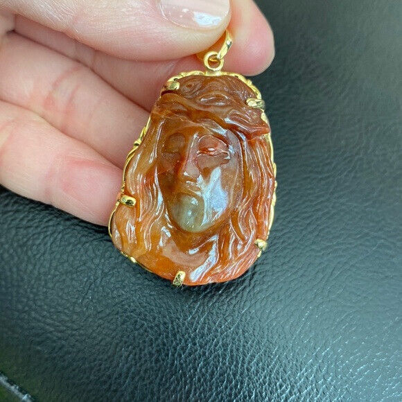 14K Real Solid Gold Red Jade Carved Jesus Christ Head Pendant Charm