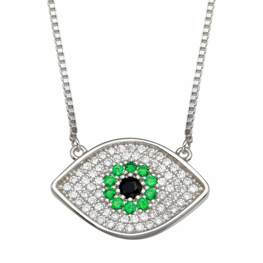 Sterling Silver 925  Clear and Green CZ Evil Eye Pendant Necklace