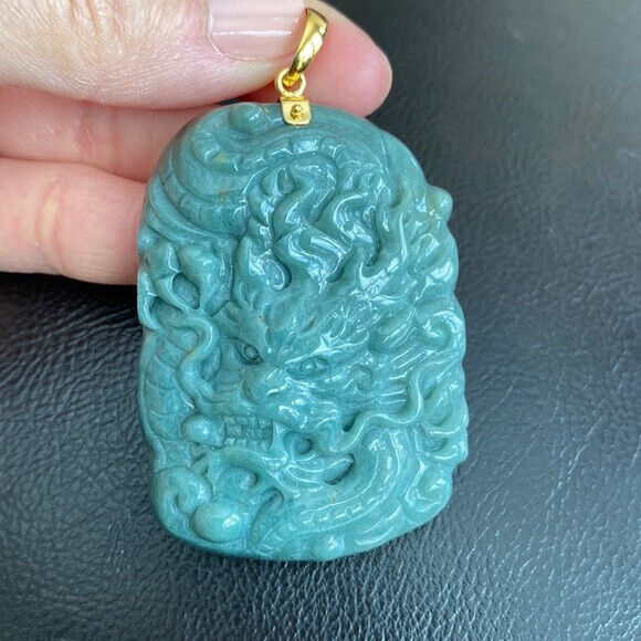 14K Solid Real Yellow Gold Carved Dragon Natural Jade Pendant Green Men Carving