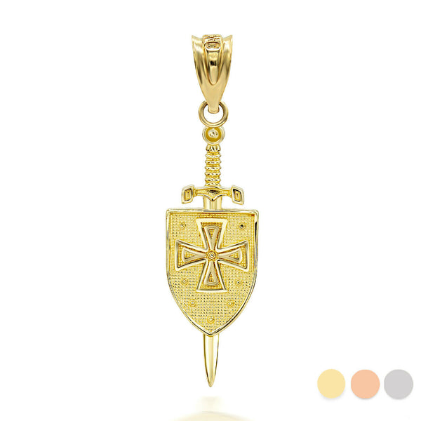 14K Solid Yellow Gold Saint Michael Sword and Shield 3D Pendant Necklace