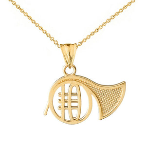 10k Solid Yellow Gold French Horn Pendant Necklace