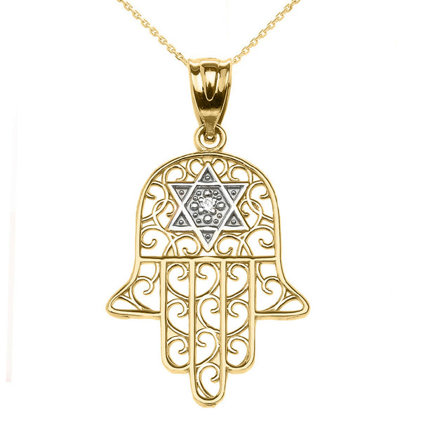 14k Solid Yellow Gold Hamsa Hand With Diamond Star Of David Pendant Necklace