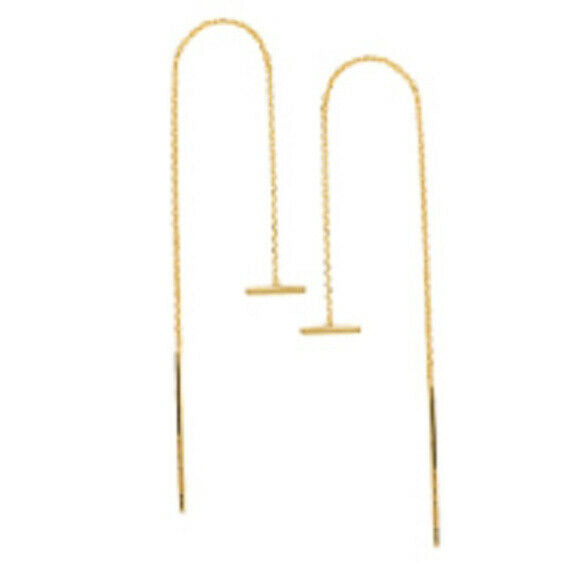 14K Solid Yellow Gold Mini Bar Cable Chain Threader Earrings