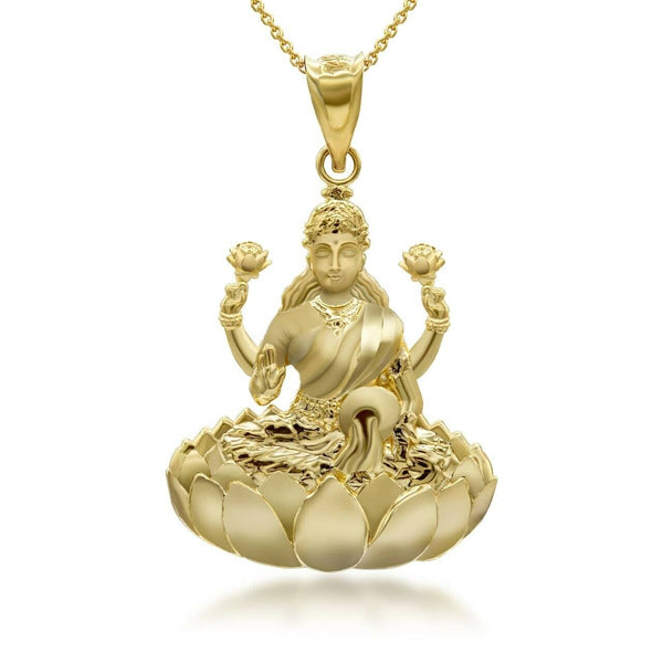 10K Solid Gold Lakshmi God Hindu Pendant Necklace - Yellow, Rose, or White