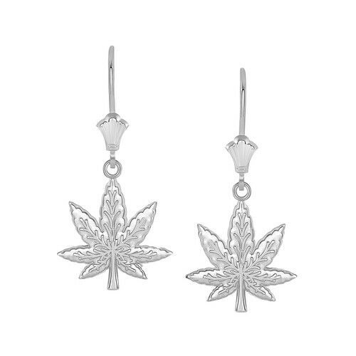 .925 Sterling Silver Marijuana Weed Plant Leverback Earrings