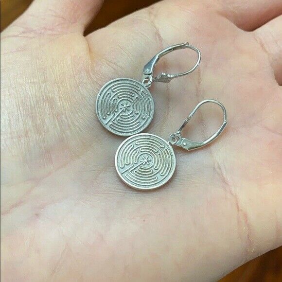 .925 Sterling Silver Maze Chartres Labyrinth Dainty Disc Leverback Earrings
