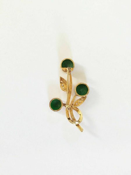 14K Solid Yellow Gold Round Green Jade Brooch Pin