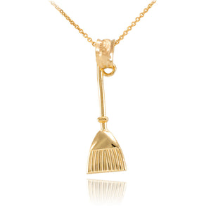 10K Solid Gold Household Cleaning Broom Stick Pendant Necklace Halloween Witch