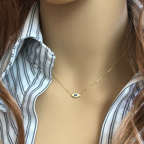 14K Solid White Gold Mini Evil Eye Cable Necklace - Minimalist Adjustable