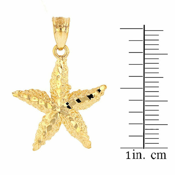 14k Solid Yellow Gold Diamond Cut Starfish Sea Star Pendant Necklace