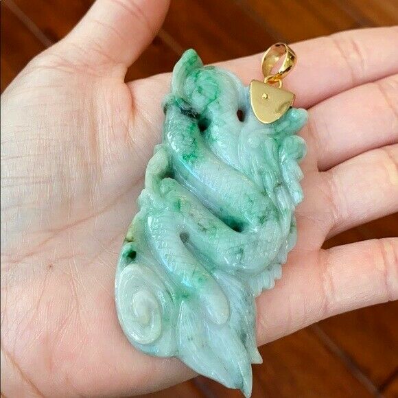 14K Large Real Gold Natural Jadeite Jade Carved Dragon Pendant 706 Heavy Thick