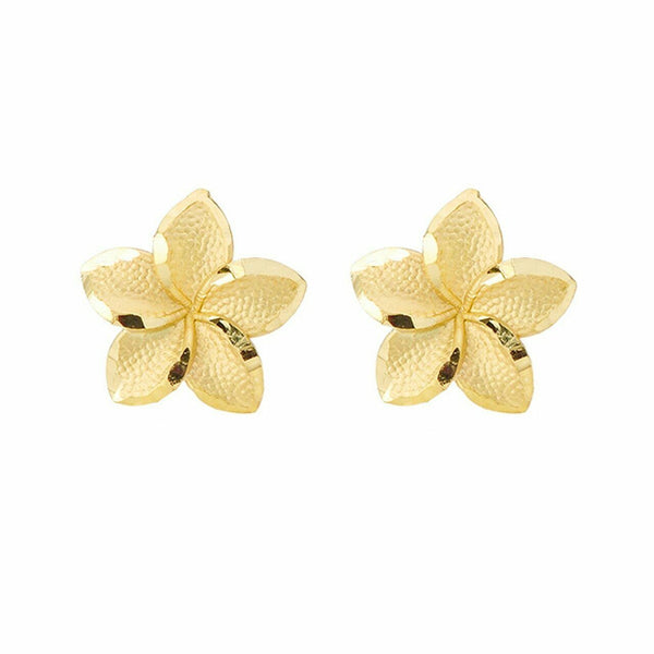 10k Solid Yellow Gold Plumeria Flower Stud Earrings