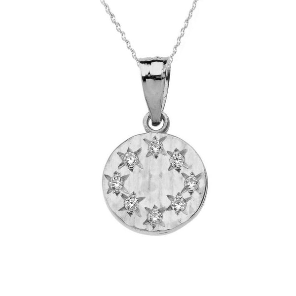 Solid 14k White Gold Small Hammered Diamond Round Pendant Necklace