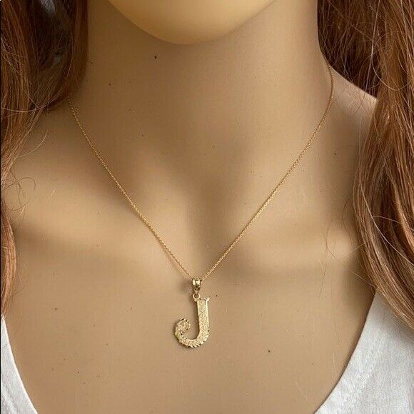 10k Solid Yellow Gold Initial Letter J Pendant Necklace - Diamond Cut