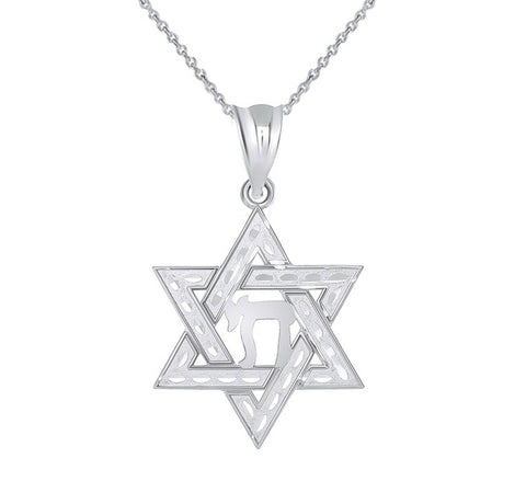 925 Sterling Silver Diamond Cut Jewish Star of David with Chai Pendant Necklace