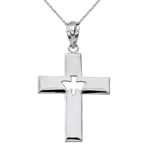 Sterling Silver Religious Cross With Cut-Out Holy Spirit Dove Pendant Necklace