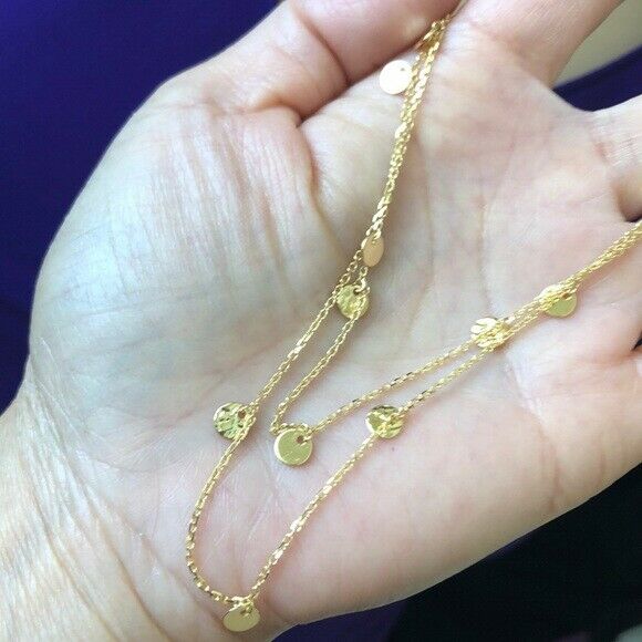 14K Solid Yellow Gold Layer Text Pol Disk Disc Double Strand BIB Necklace