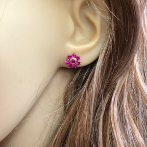 14K Solid Yellow Gold Pink Red Flower Stud Earrings