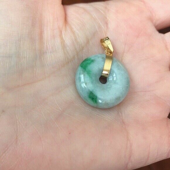 14K Solid Gold Donut Round Natural Jade Pendant / Charm Dainty Adjust Necklace