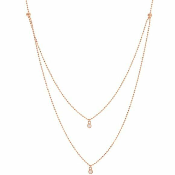 14K Solid Gold Diamond Layer Double Strand Necklace 16"-18" Adjustable - Rose