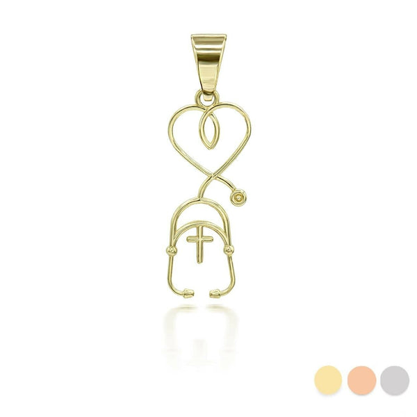 10K Solid Gold Stethoscope Cross Pendant Necklace  - Yellow, Rose, White
