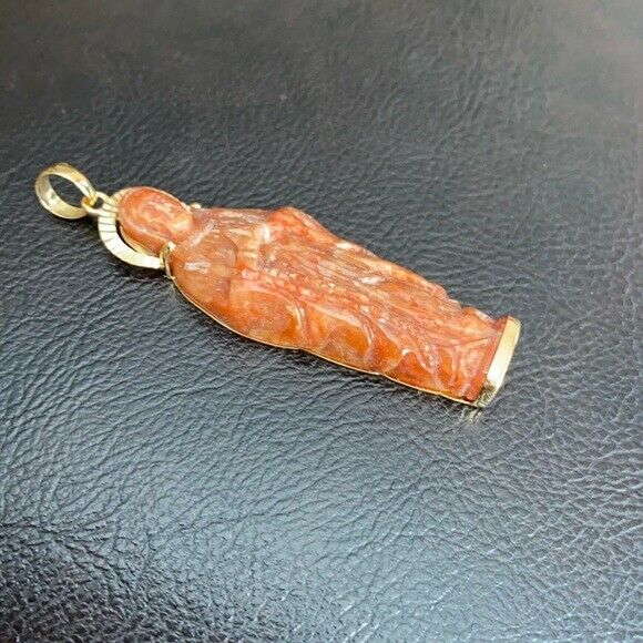 14K Solid Gold The Blessed Virgin Mary Prayer Carved Natural Red Jade Pendant