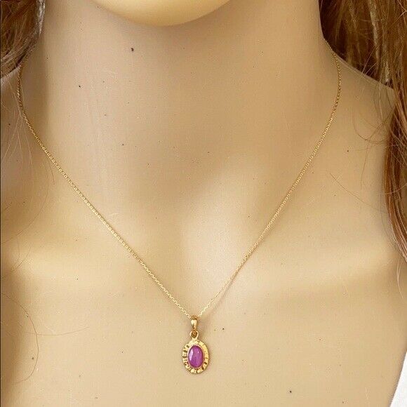 14K Solid Yellow Gold Mini Oval Pink Star Pendant Dainty Necklace Adjustable