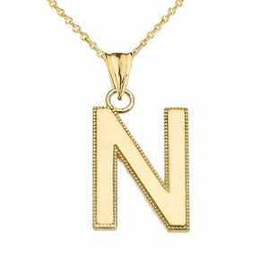 10k Solid Gold Small Initial Letter N Pendant Necklace Personalize Milgrain