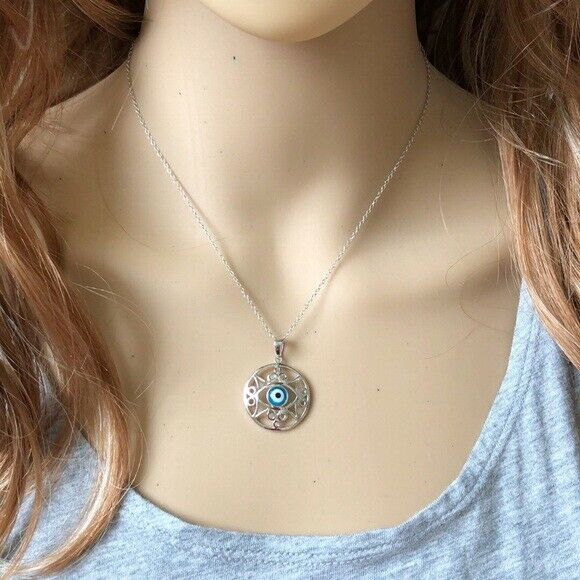 NWT 925 Sterling Silver Rhodium Open Outline Disc Evil Eye CZ Necklace Necklace