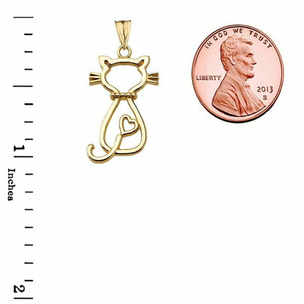 Solid 14k Yellow Gold Openwork Backwards Cat Pendant Necklace
