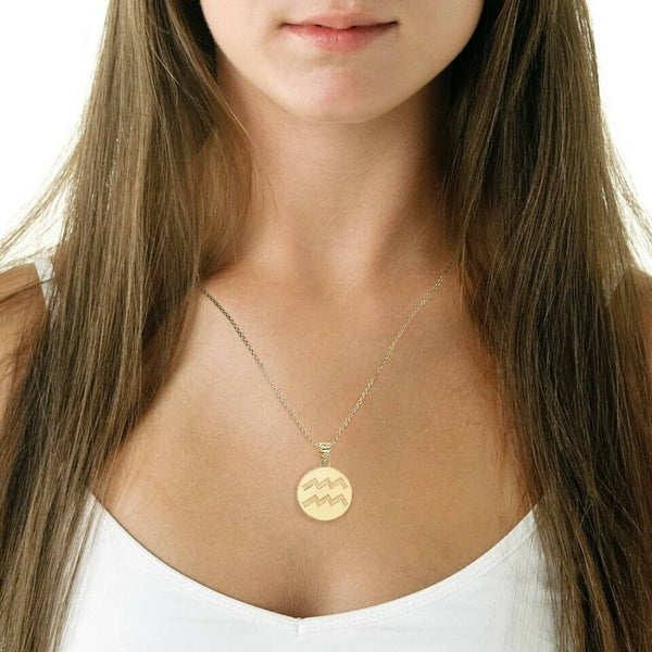 Personalized Name 10k 14k Solid Gold Zodiac Sign Aquarius Pendant Necklace
