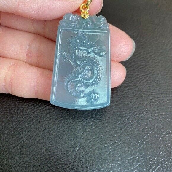 14K Solid Yellow Gold Carved Dragon Natural Jade Pendant Rectangle