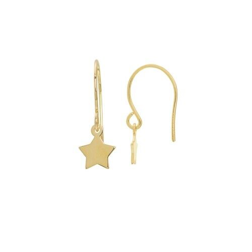 14K Solid Yellow Gold Dangle Star Fish Hook Earrings -