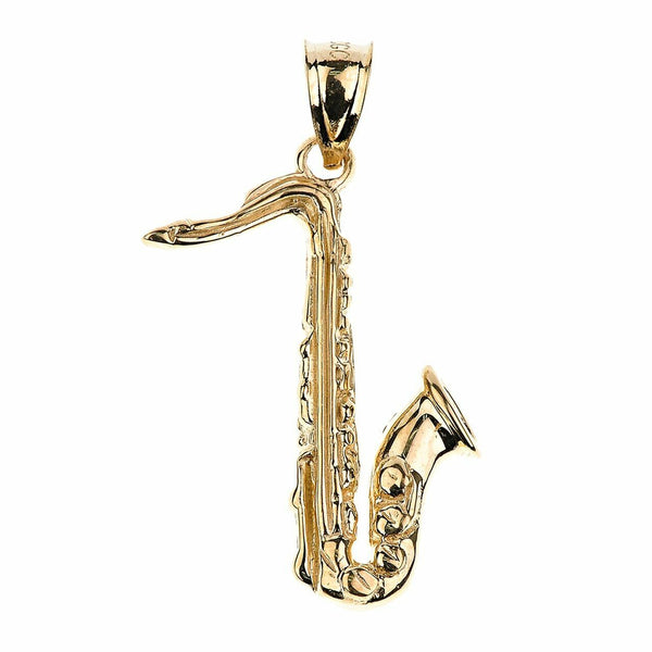 14k Yellow Gold Saxophone 3D Pendant Musical Chorus Band Instruments Necklace
